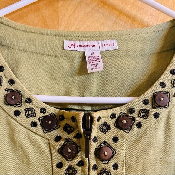 JM Collection Petite Zip-Up Olive green Top with embroidery size 14 petite - Picture 4 of 5